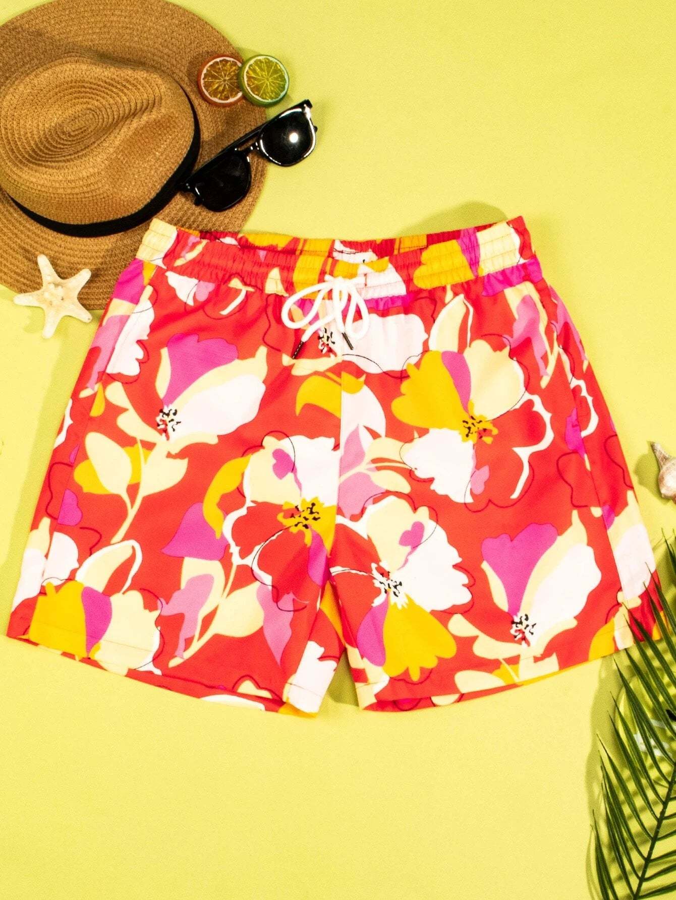 Non Stretch Floral Print Drawstring Waist Swim Trunks-Waves And Trunks