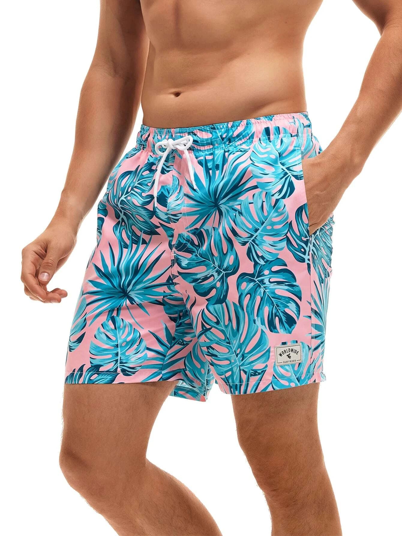 Drawstring Tropical All Over Print Swim Trunks-Waves And Trunks