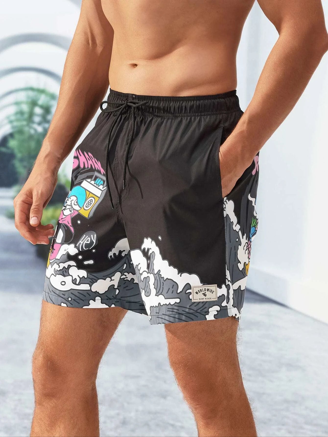Cartoon And Letter Swim Shorts-Waves And Trunks