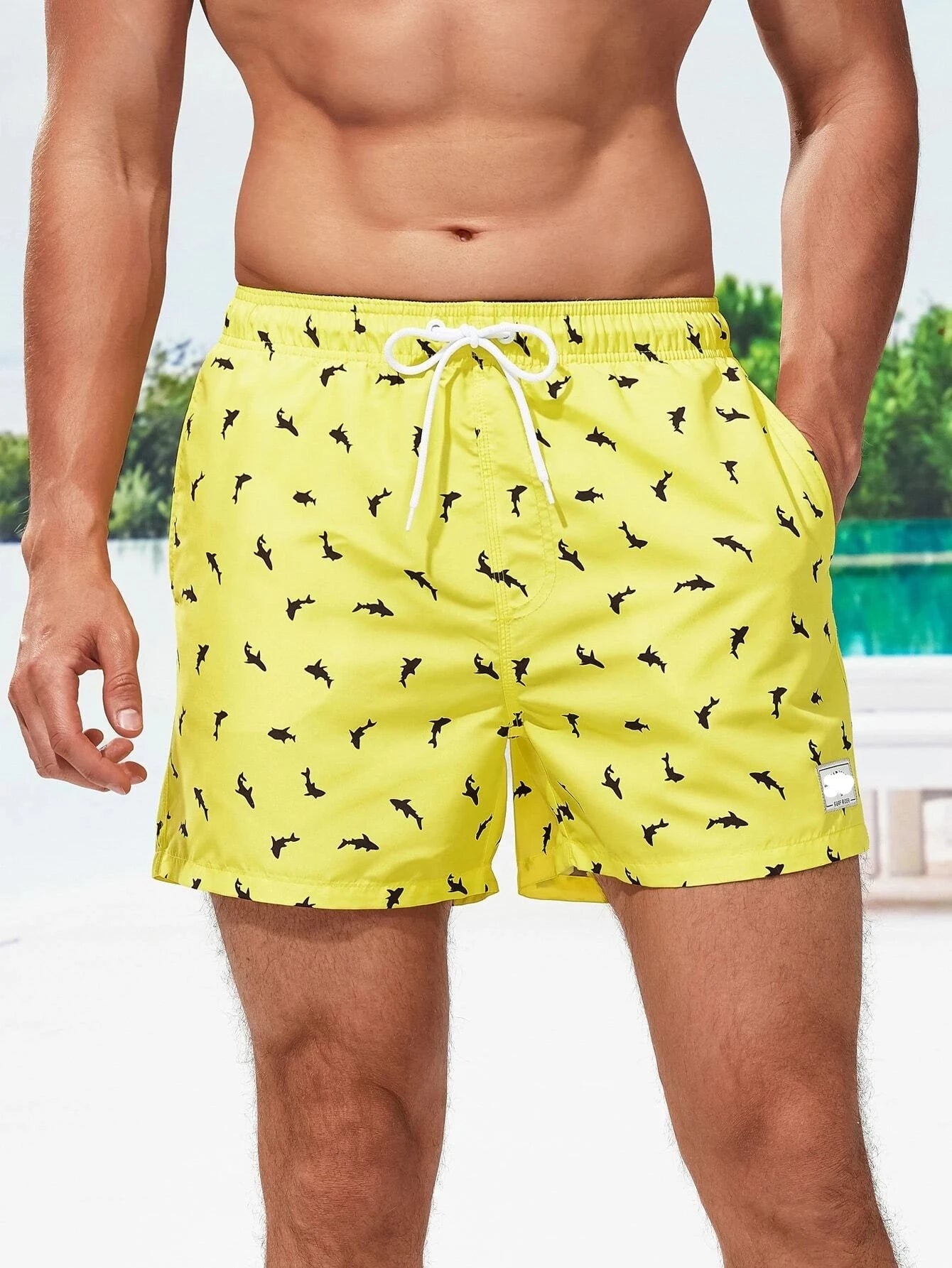 Non Stretch Allover Print Drawstring Waist Swim Trunks-Waves And Trunks