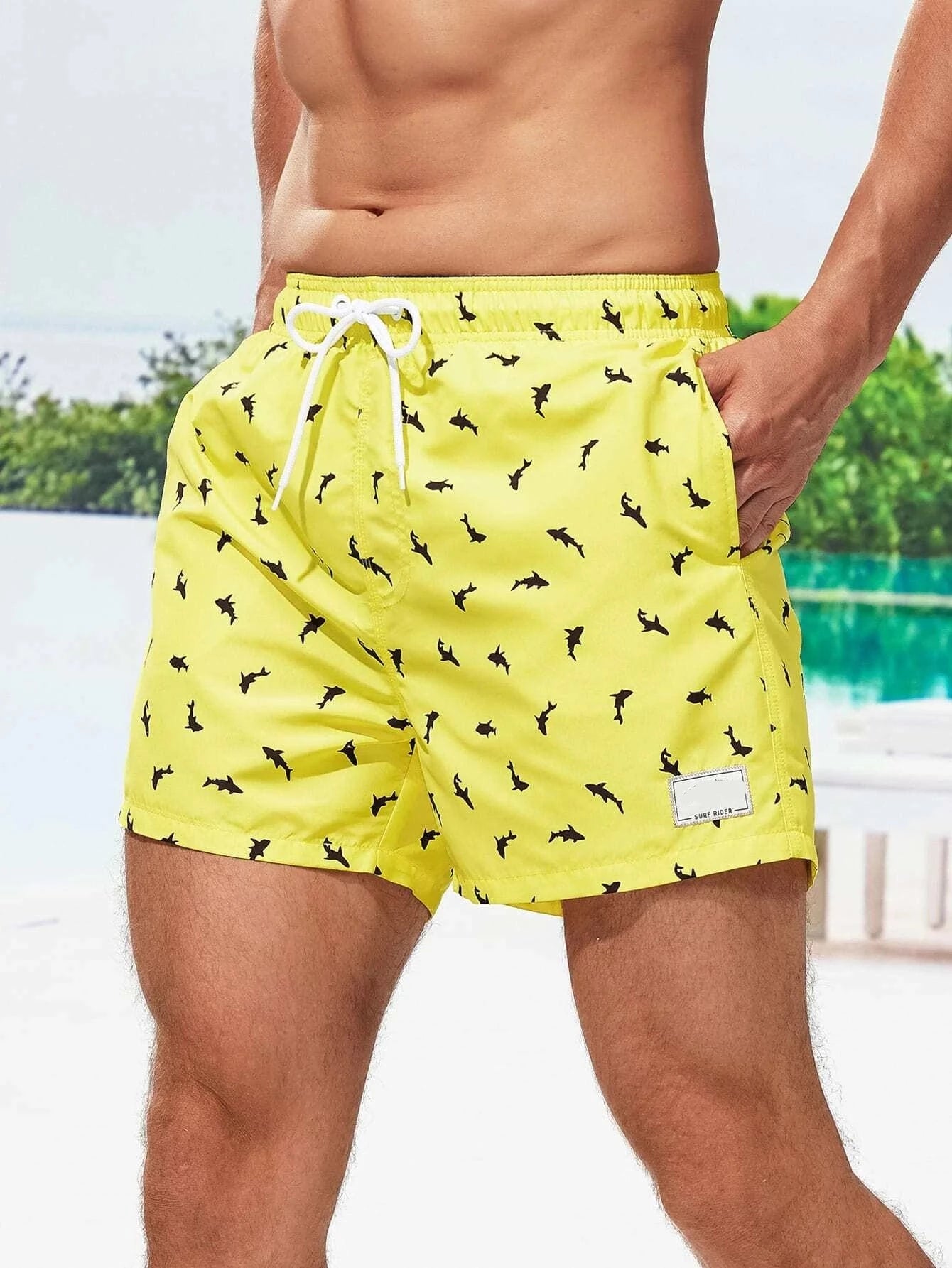 Non Stretch Allover Print Drawstring Waist Swim Trunks-Waves And Trunks