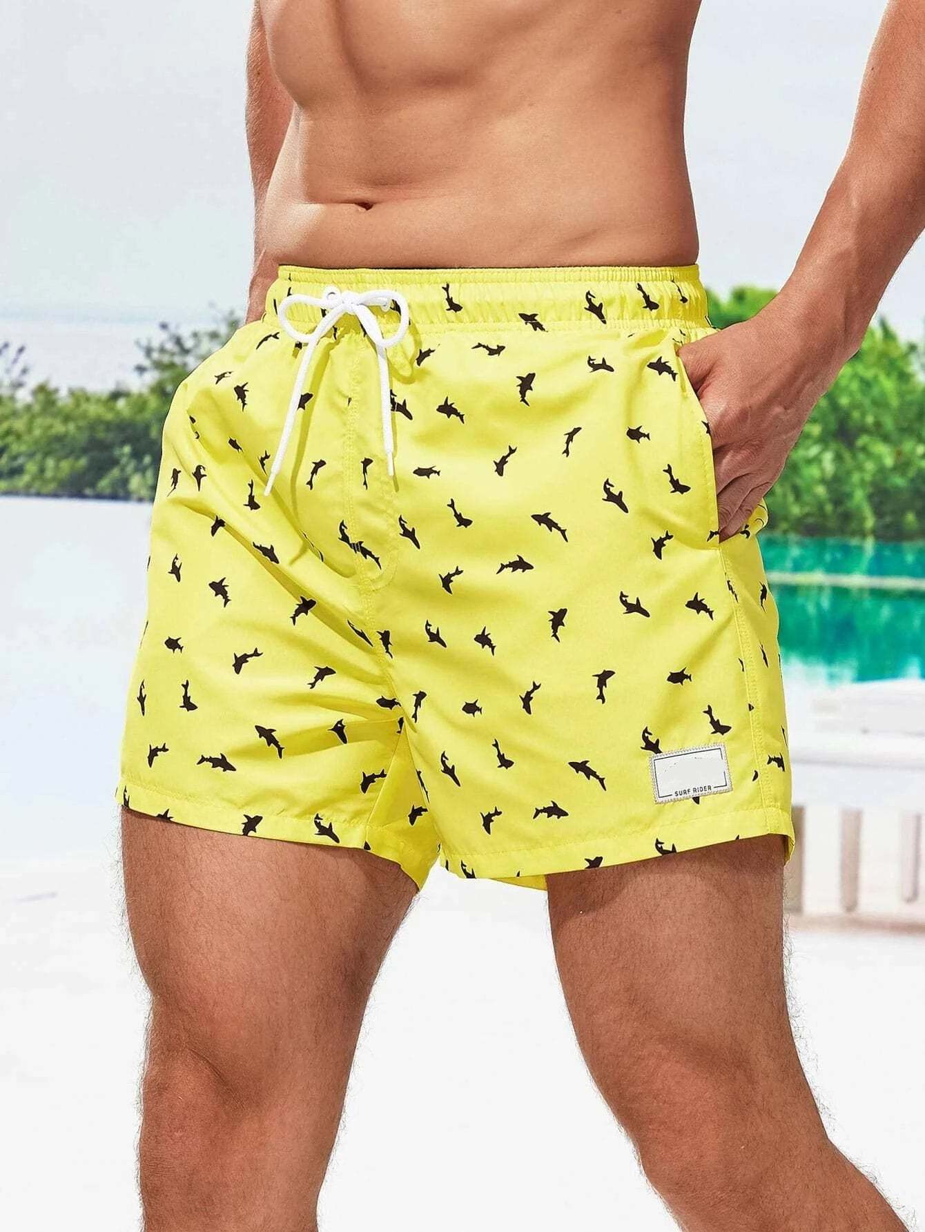 Non Stretch Allover Print Drawstring Waist Swim Trunks-Waves And Trunks