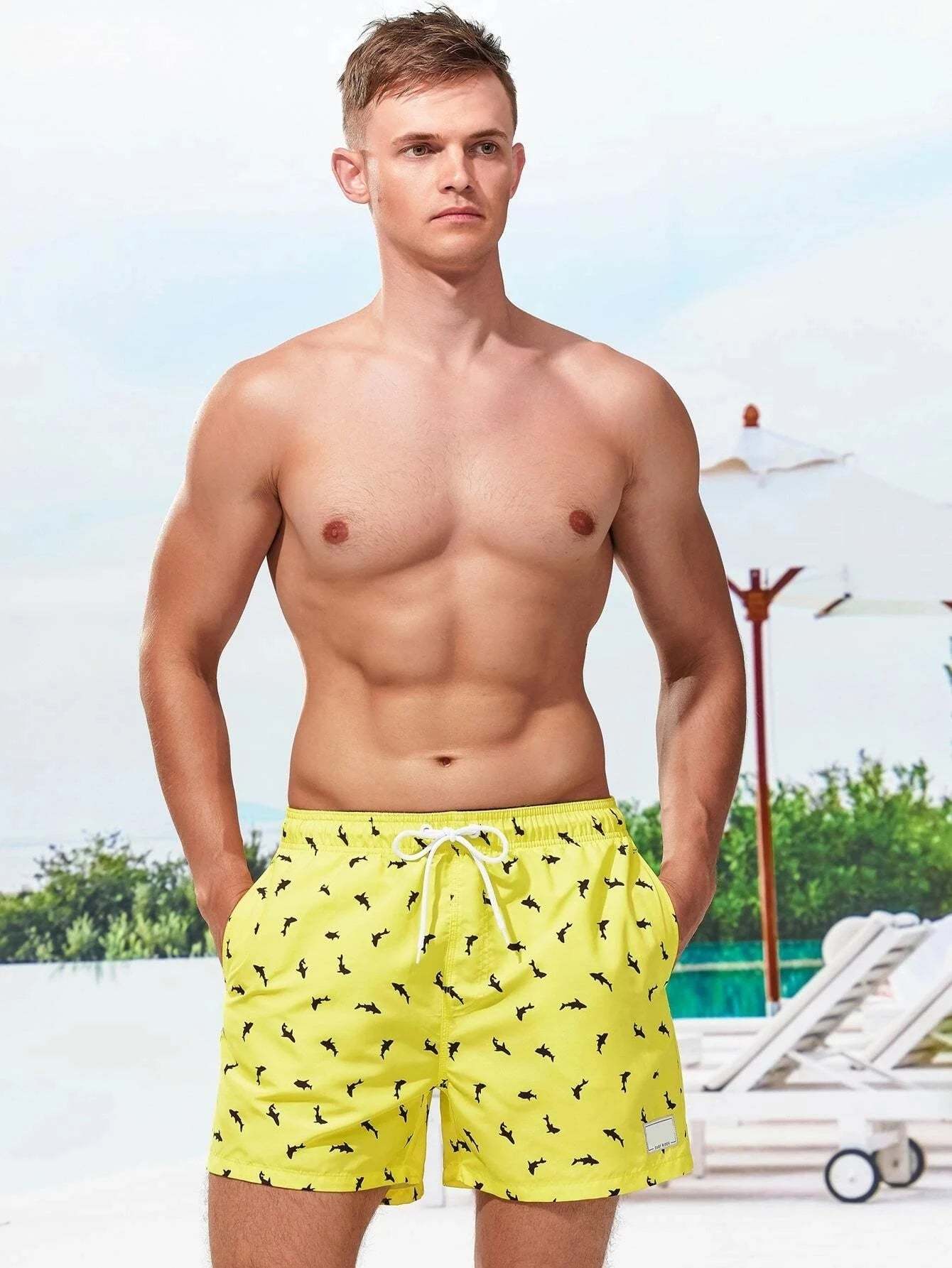 Non Stretch Allover Print Drawstring Waist Swim Trunks-Waves And Trunks