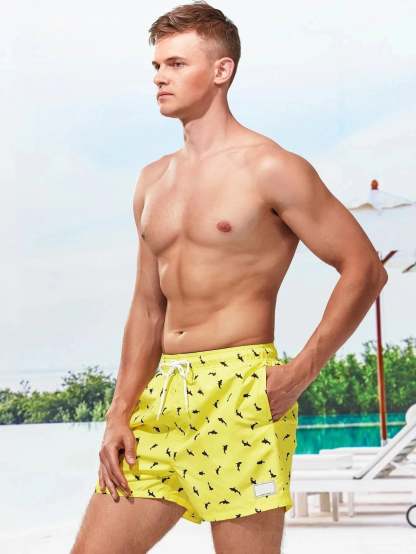 Non Stretch Allover Print Drawstring Waist Swim Trunks-Waves And Trunks