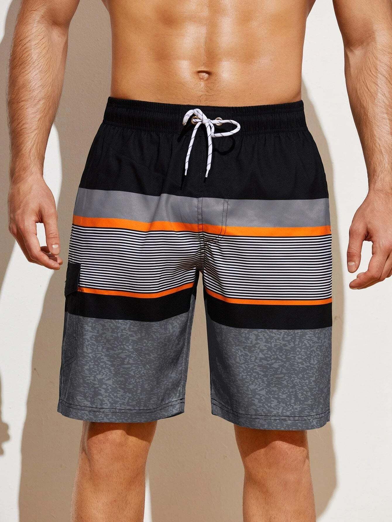 Striped Print Flap Detail Swim Shorts-Waves And Trunks
