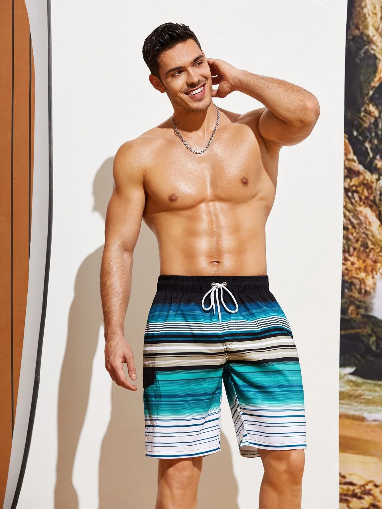 Striped Flap Detail Swim Shorts-Waves And Trunks