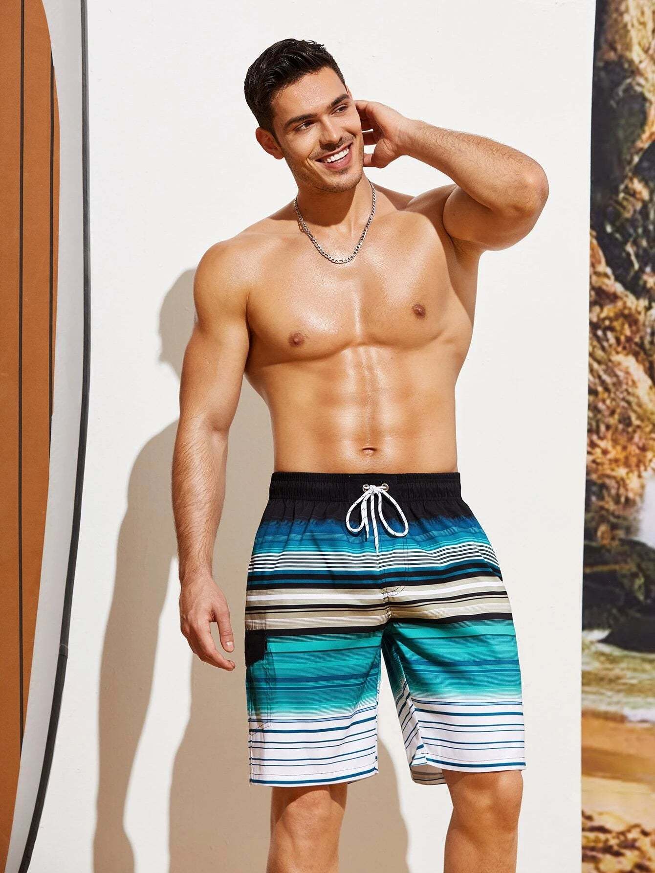 Striped Flap Detail Swim Shorts-Waves And Trunks