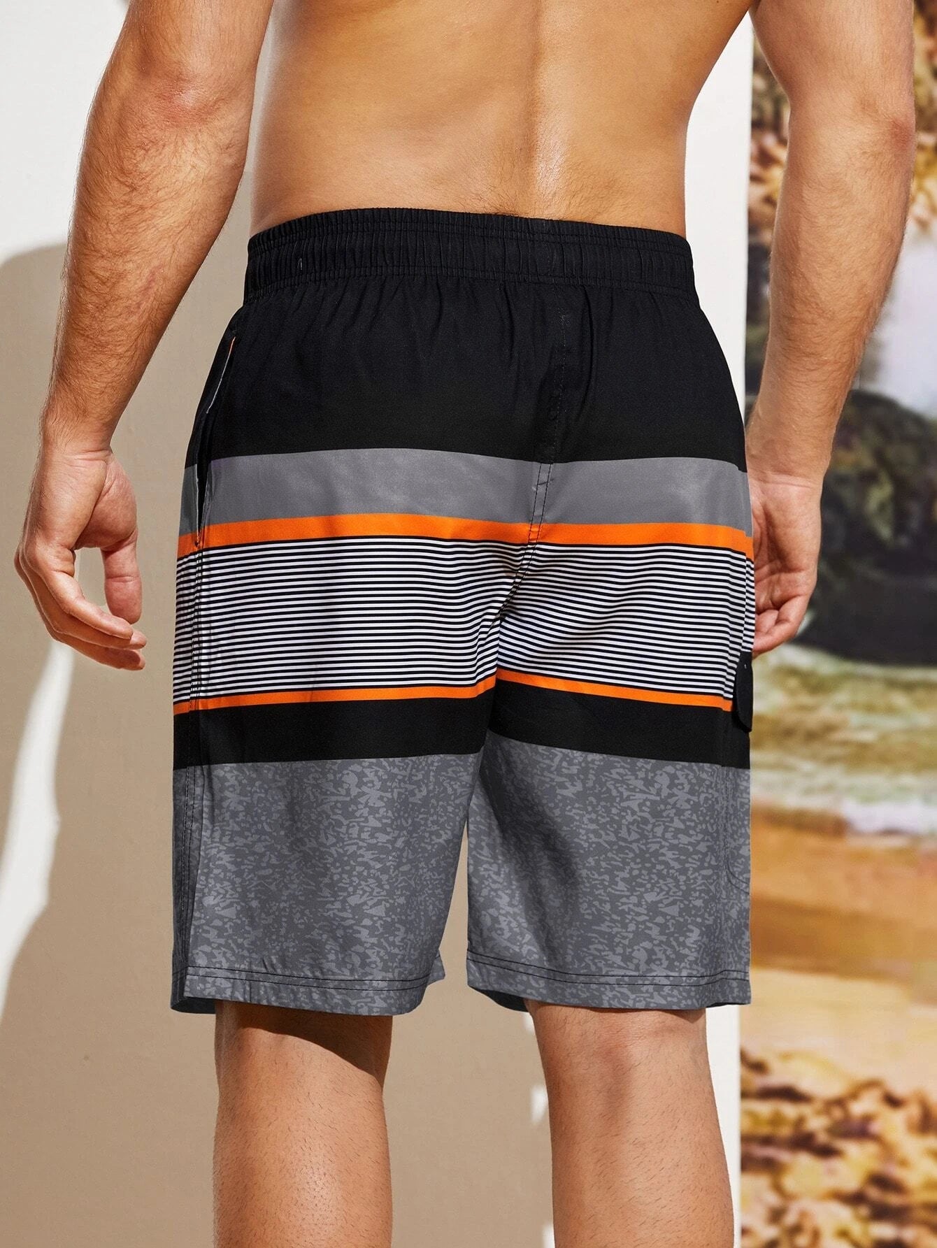 Striped Print Flap Detail Swim Shorts-Waves And Trunks