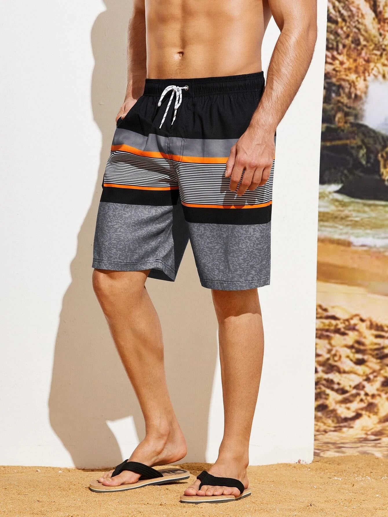 Striped Print Flap Detail Swim Shorts-Waves And Trunks