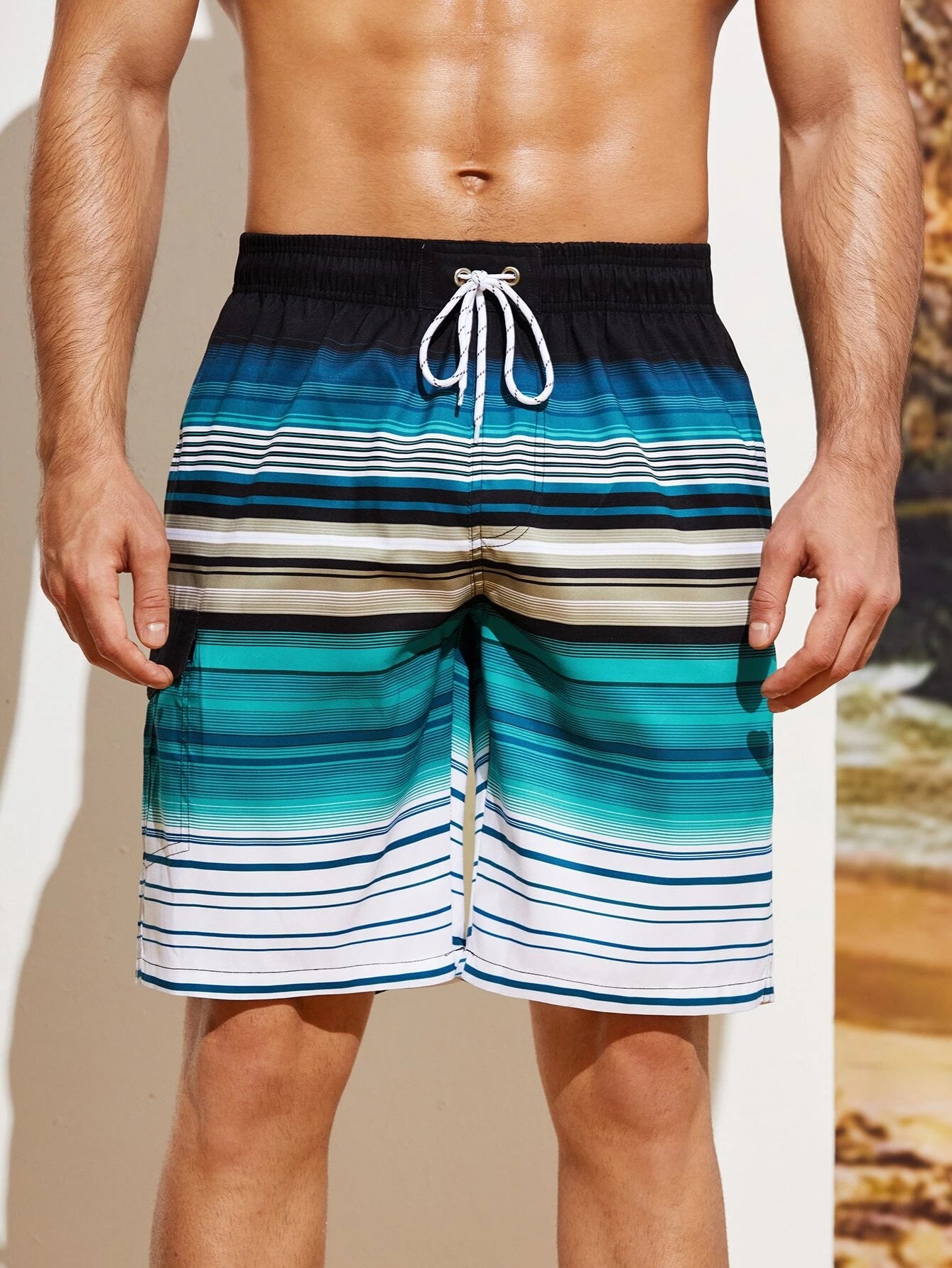 Striped Flap Detail Swim Shorts-Waves And Trunks