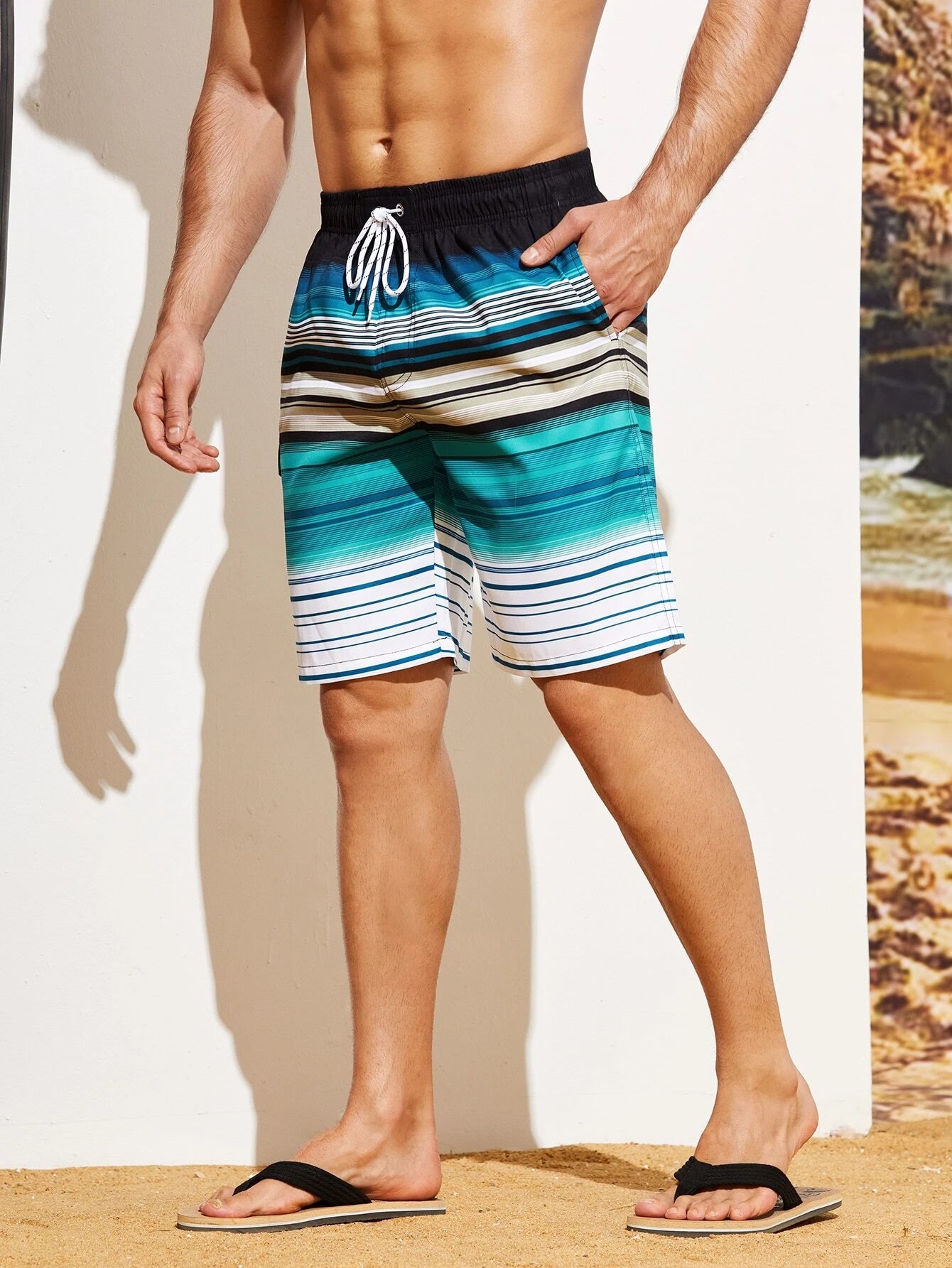 Striped Flap Detail Swim Shorts-Waves And Trunks