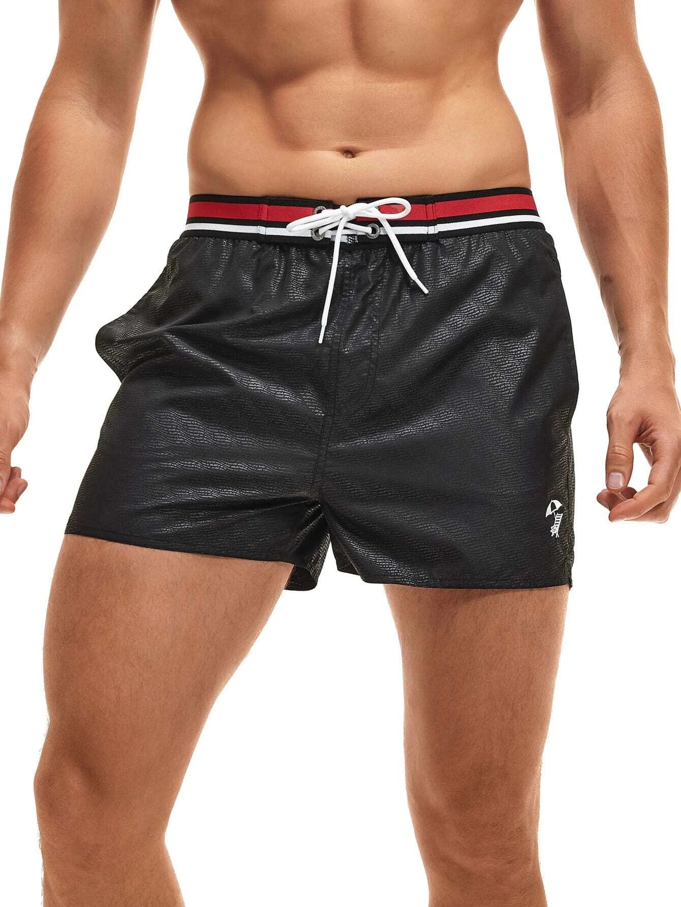 Striped Tape Drawstring Waist Swim Shorts-Waves And Trunks