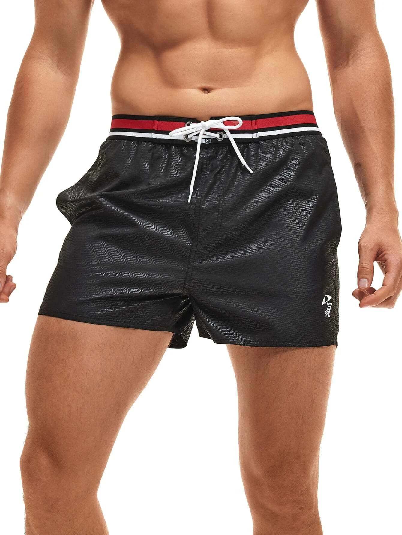 Striped Tape Drawstring Waist Swim Shorts-Waves And Trunks
