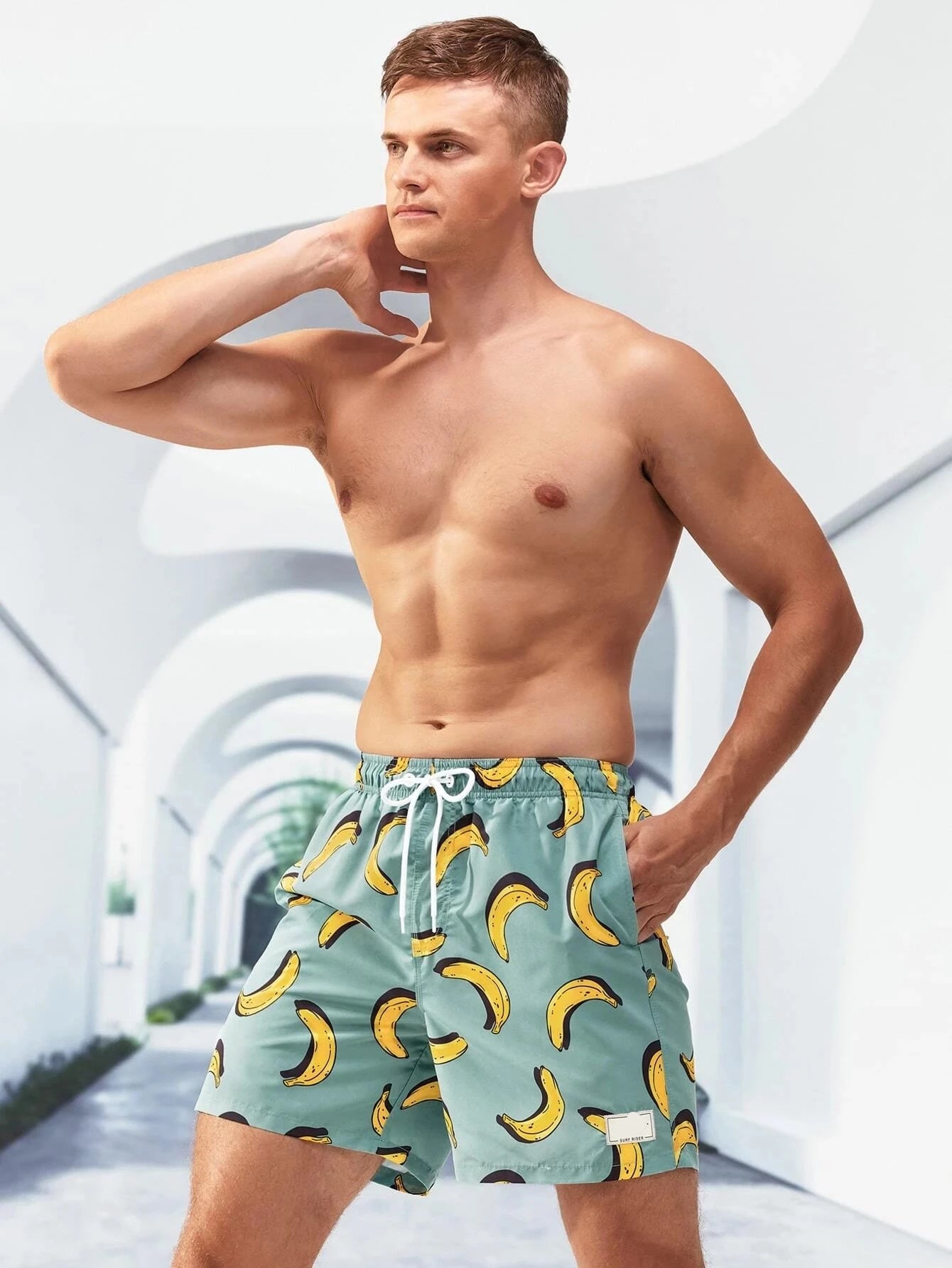 Banana Print Patched Detail Swim Trunks-Waves And Trunks