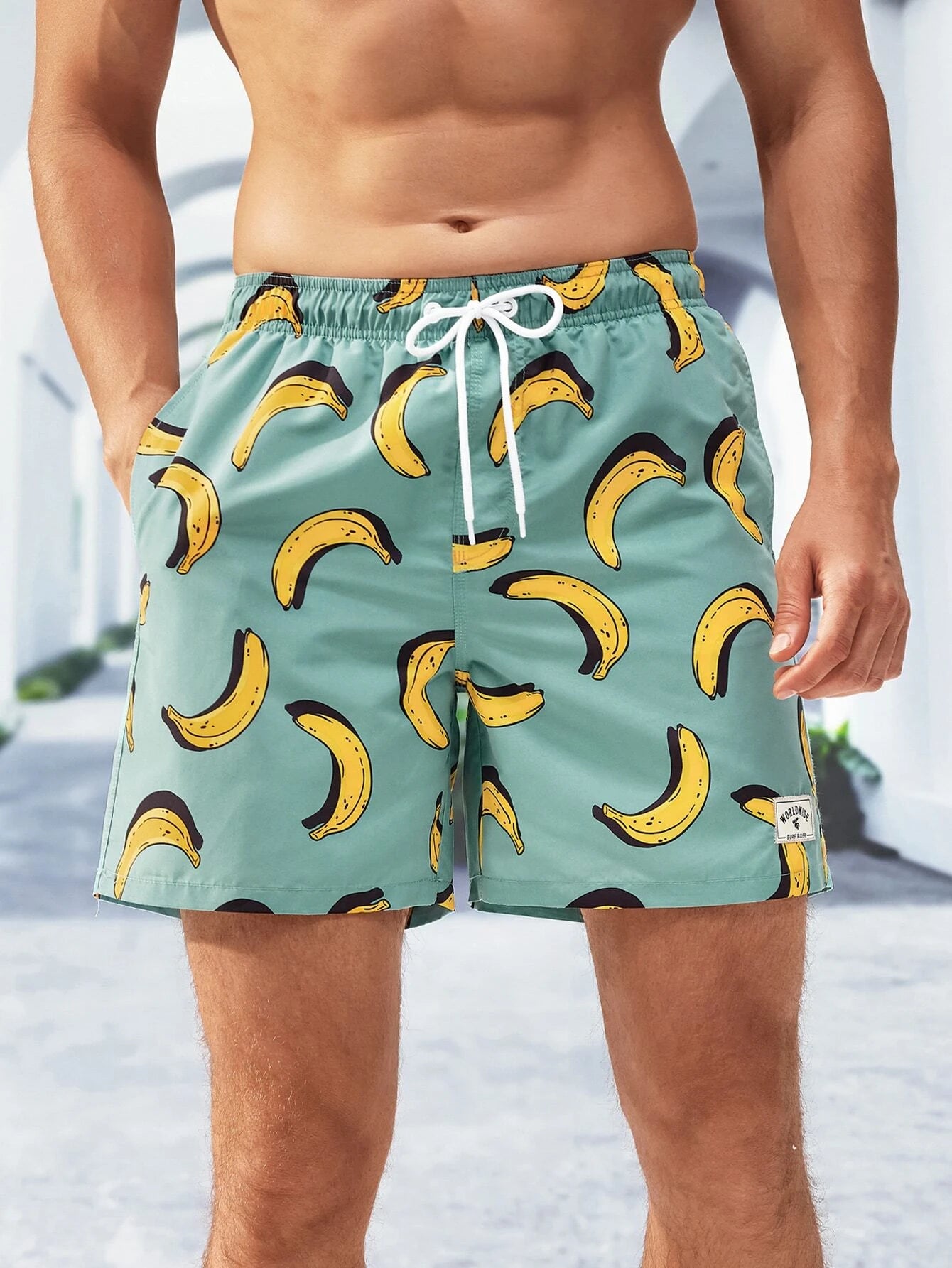 Banana Print Drawstring Waist Swim Trunks-Waves And Trunks