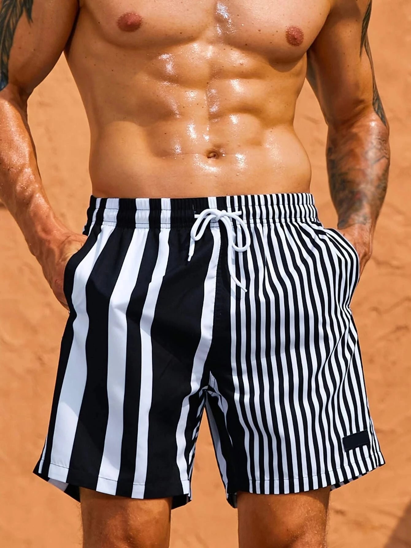 Striped Patterned Drawstring Swim Shorts-Waves And Trunks