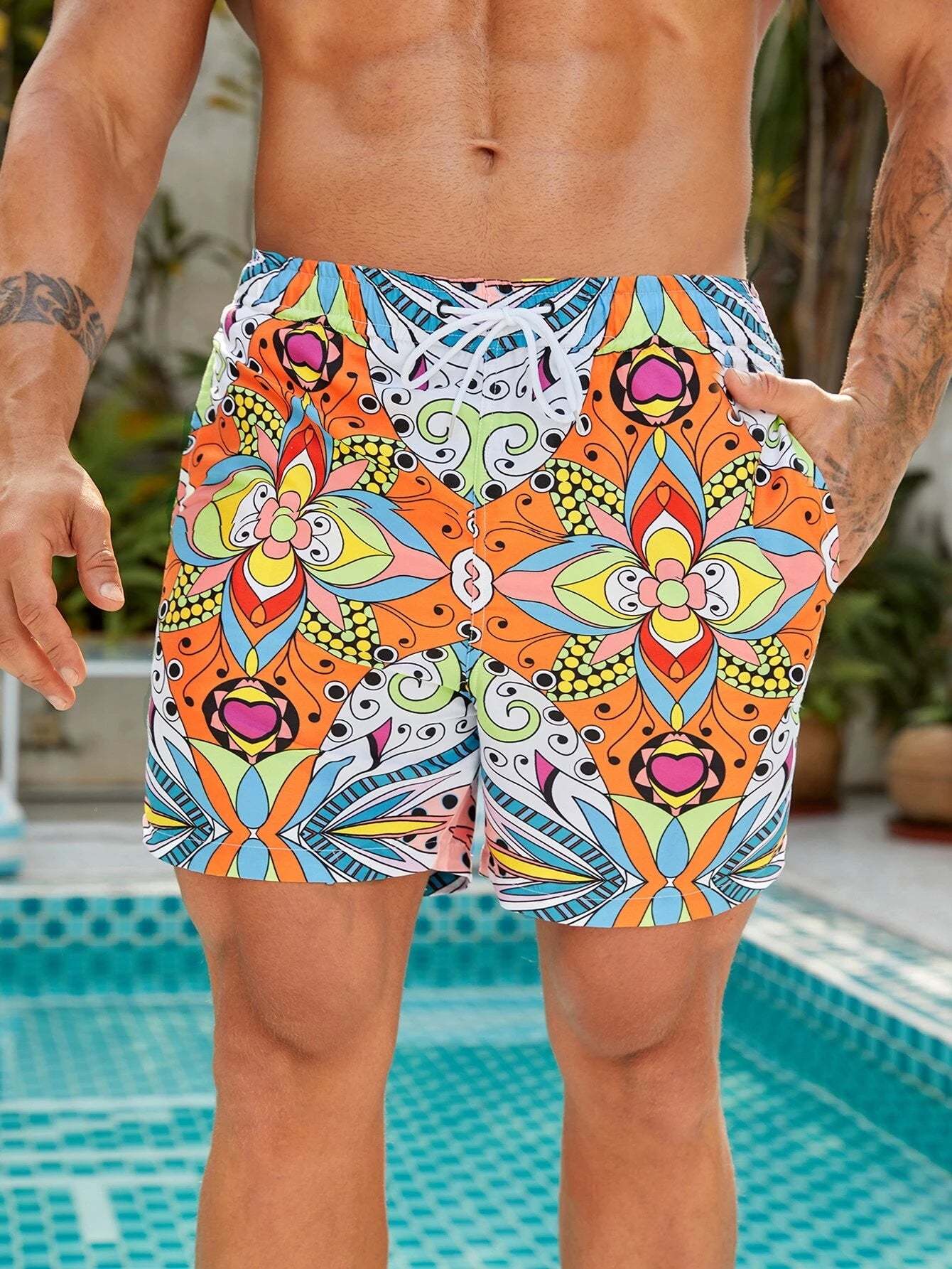 Pocket Non Stretch Floral Print Swim Trunks-Waves And Trunks