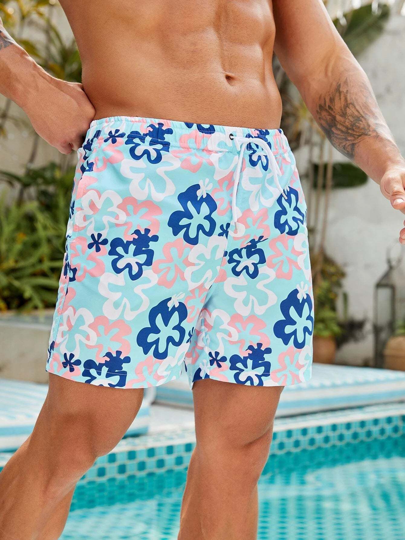 Allover Floral Print Swim Trunks-Waves And Trunks