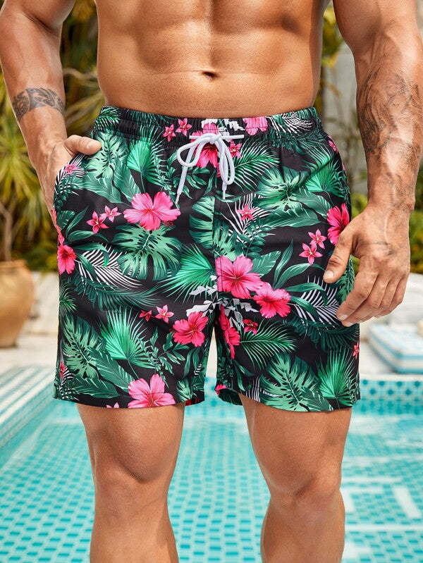 Non Stretch Tropical Print Drawstring Swim Trunks-Waves And Trunks