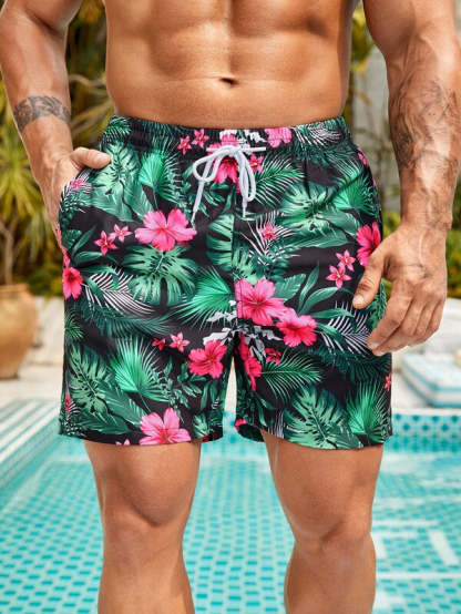 Non Stretch Tropical Print Drawstring Swim Trunks-Waves And Trunks