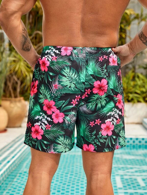 Non Stretch Tropical Print Drawstring Swim Trunks-Waves And Trunks
