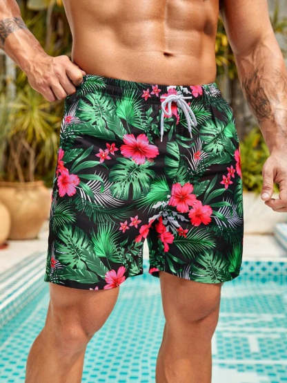 Non Stretch Tropical Print Drawstring Swim Trunks-Waves And Trunks