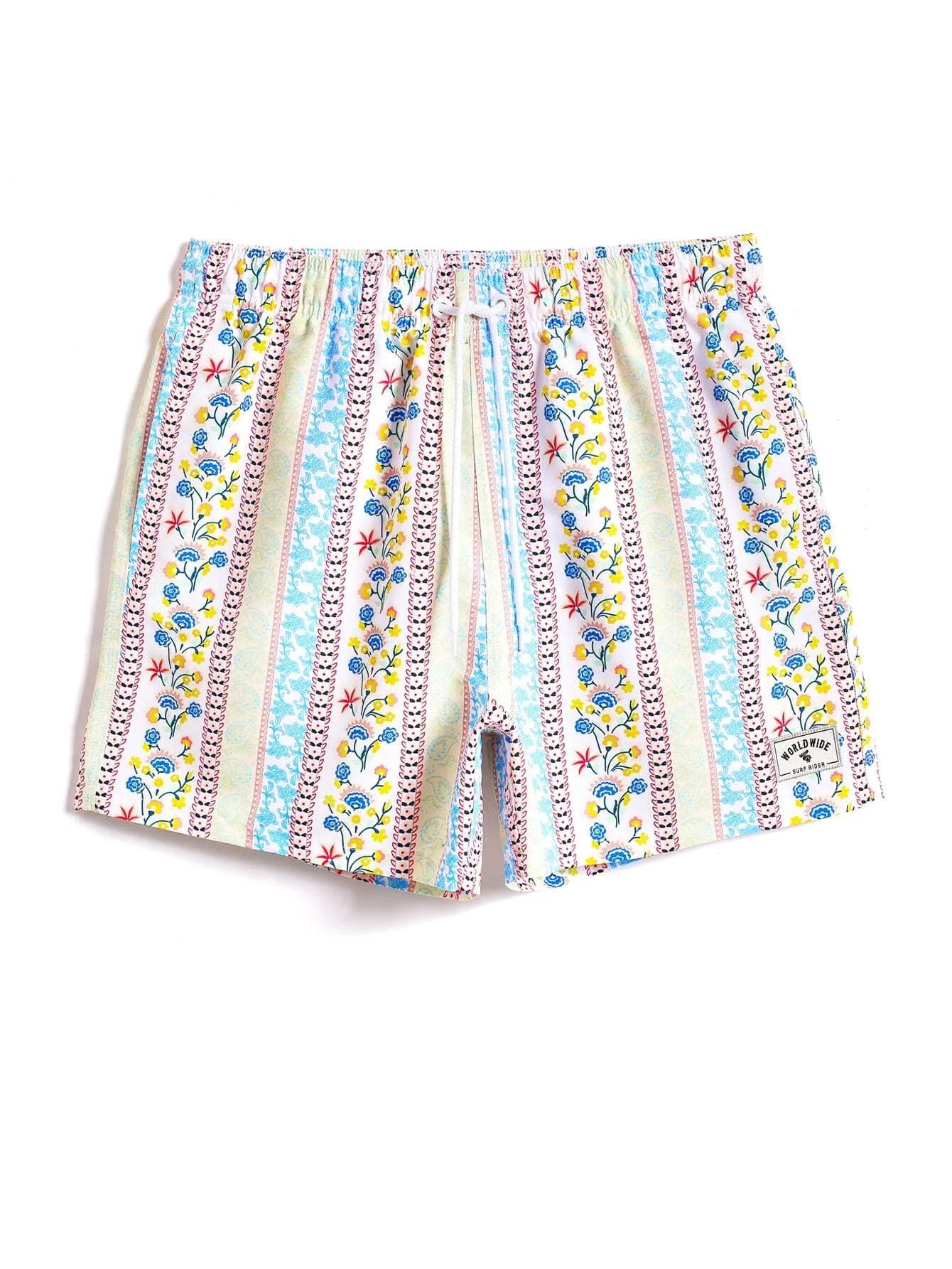 Floral Striped Print Swim Trunks-Waves And Trunks