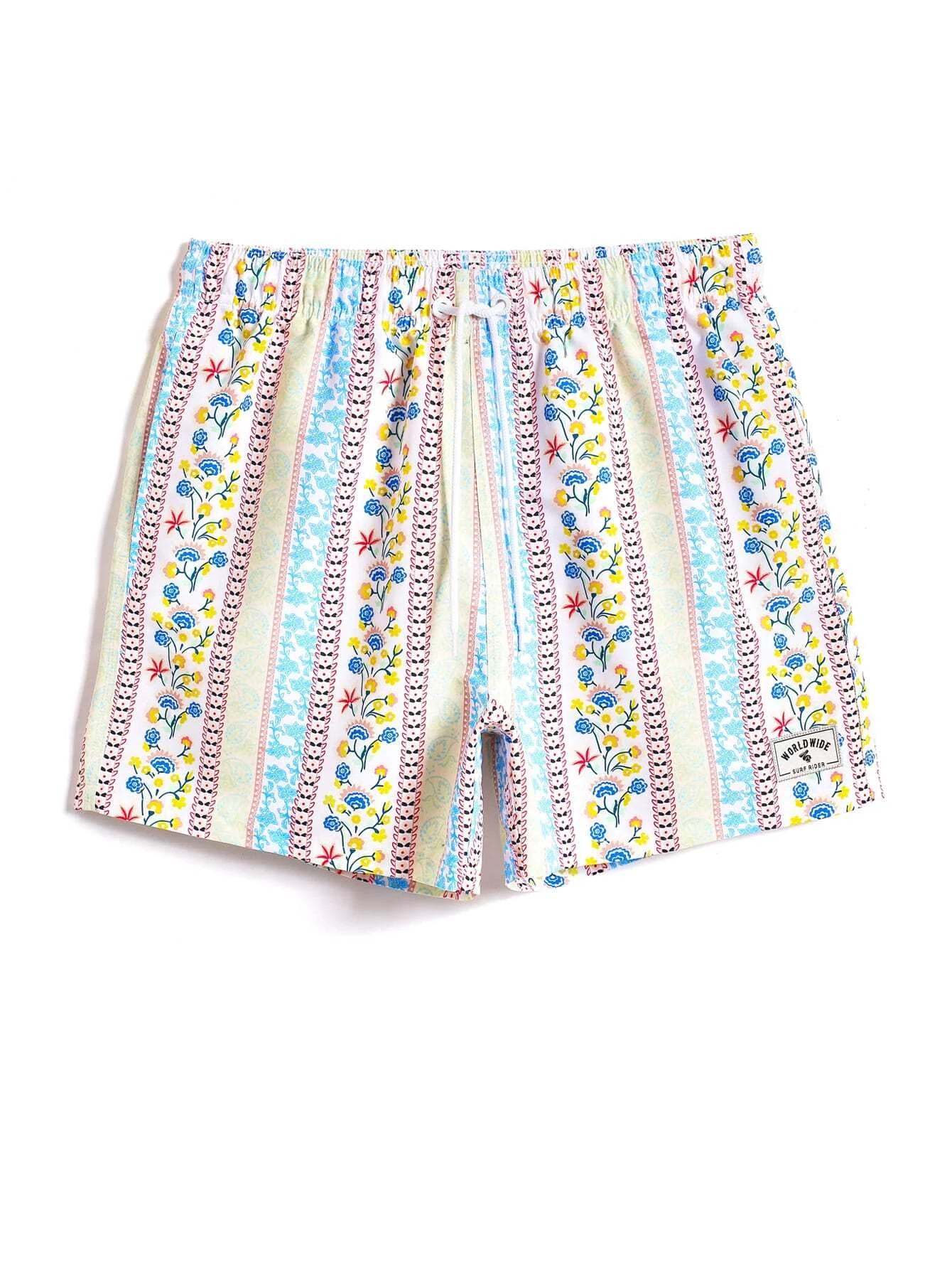 Floral Striped Print Swim Trunks-Waves And Trunks