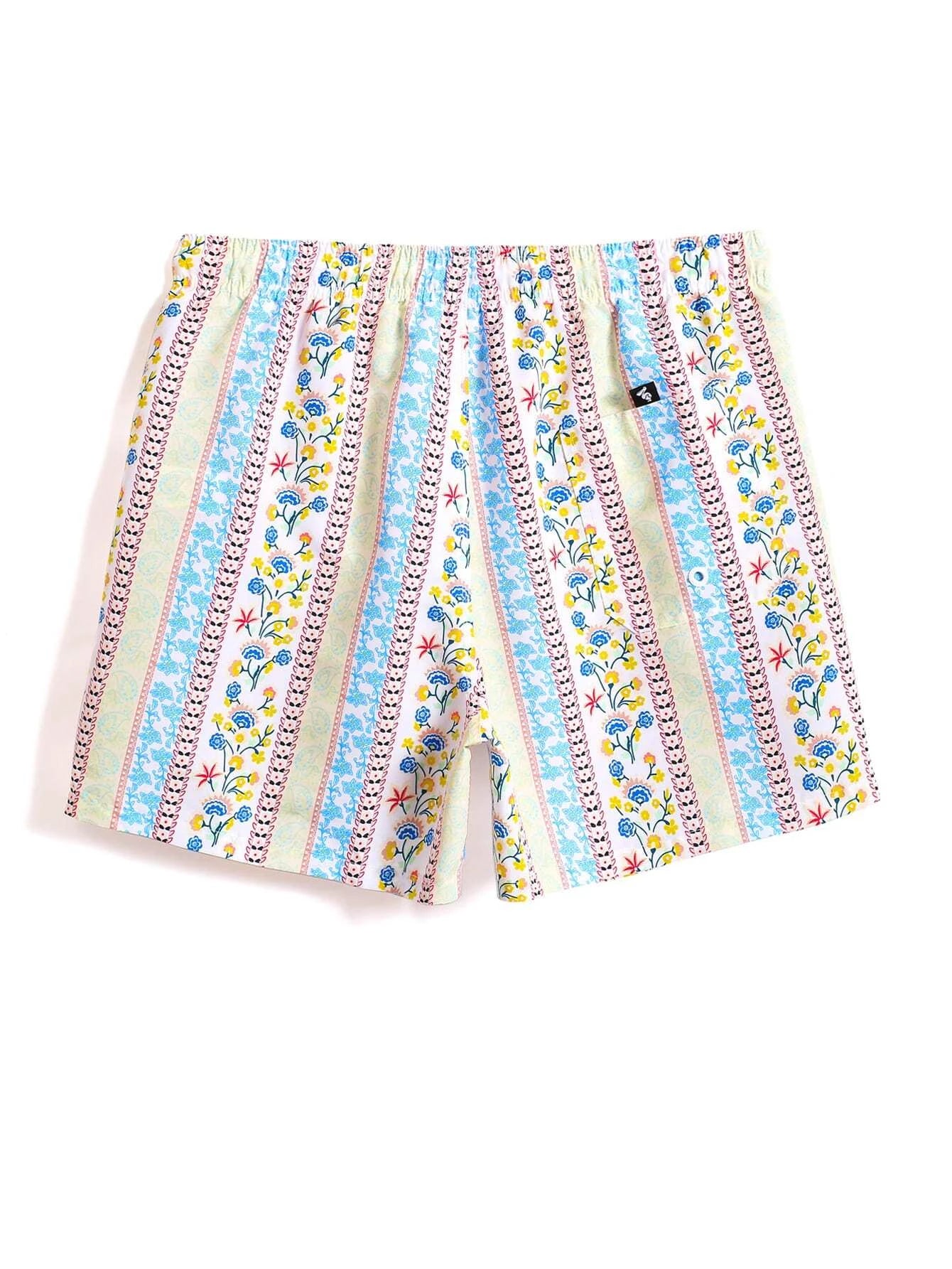 Floral Striped Print Swim Trunks-Waves And Trunks