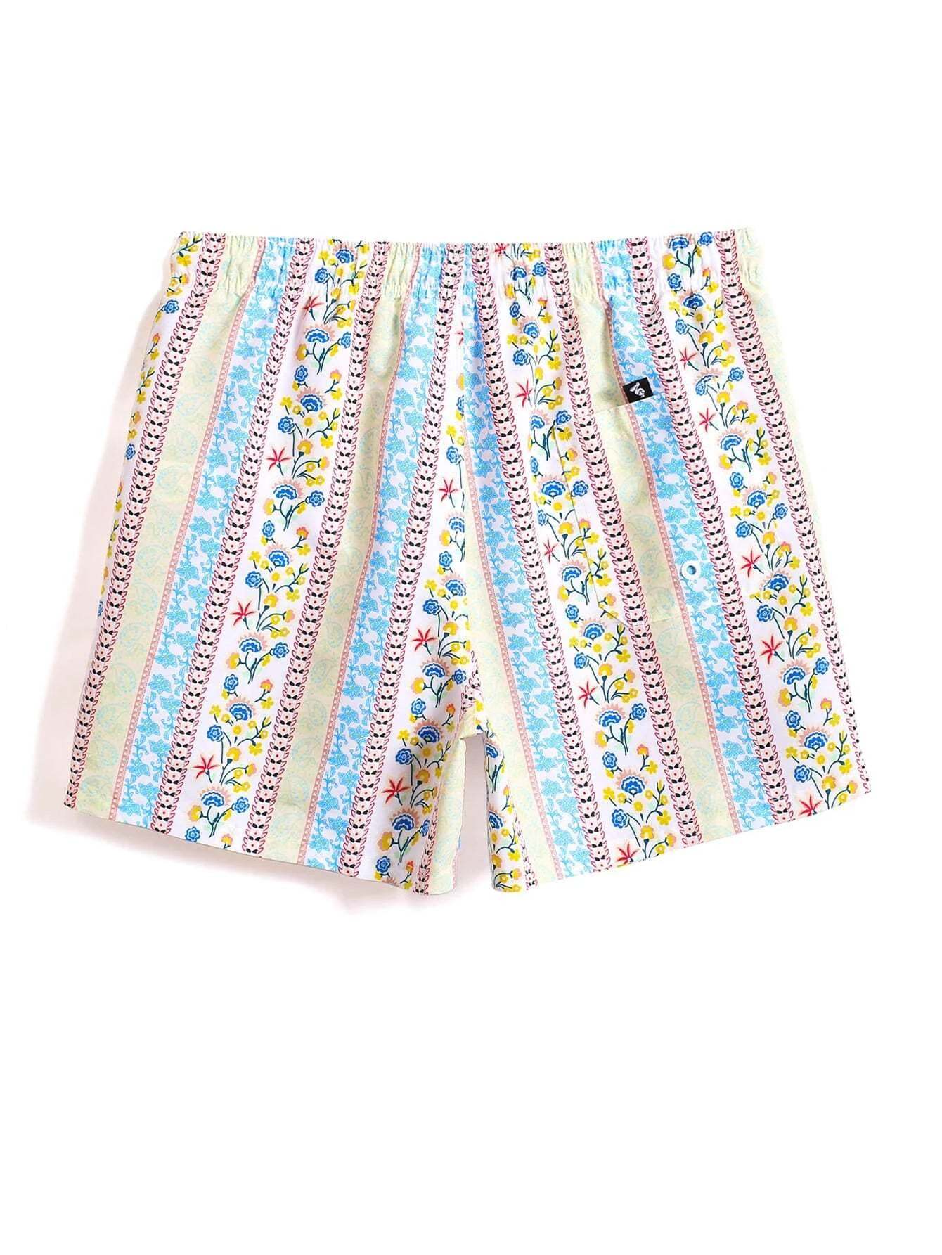 Floral Striped Print Swim Trunks-Waves And Trunks