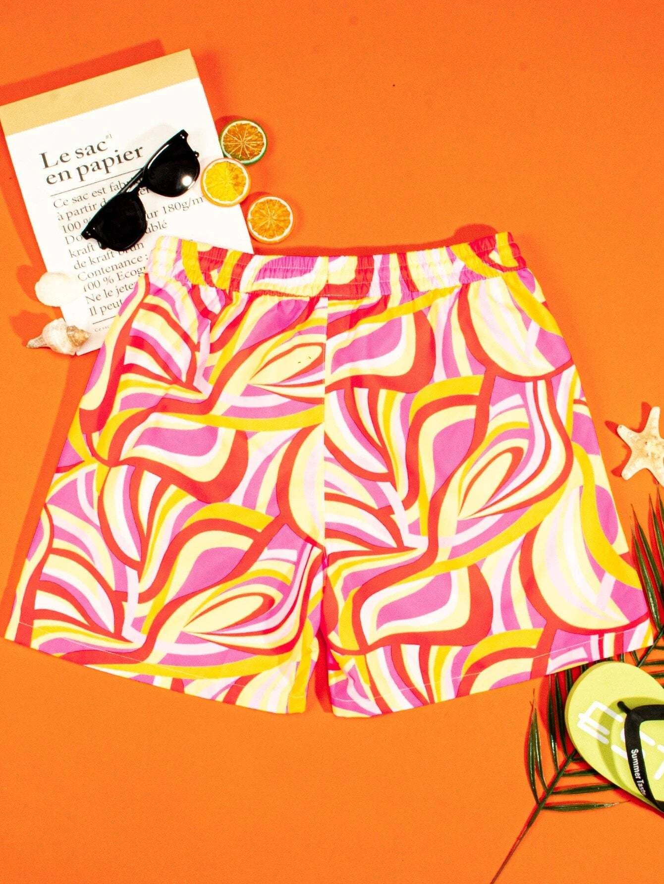 Drawstring Waist Allover Print Swim Trunks-Waves And Trunks