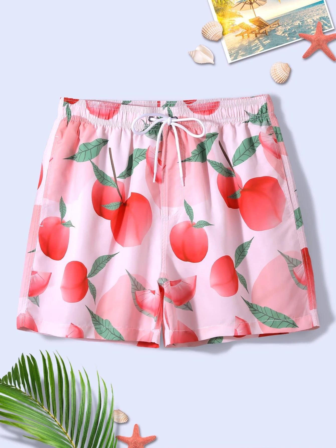 Peach Print Drawstring Waist Swim Trunks-Waves And Trunks