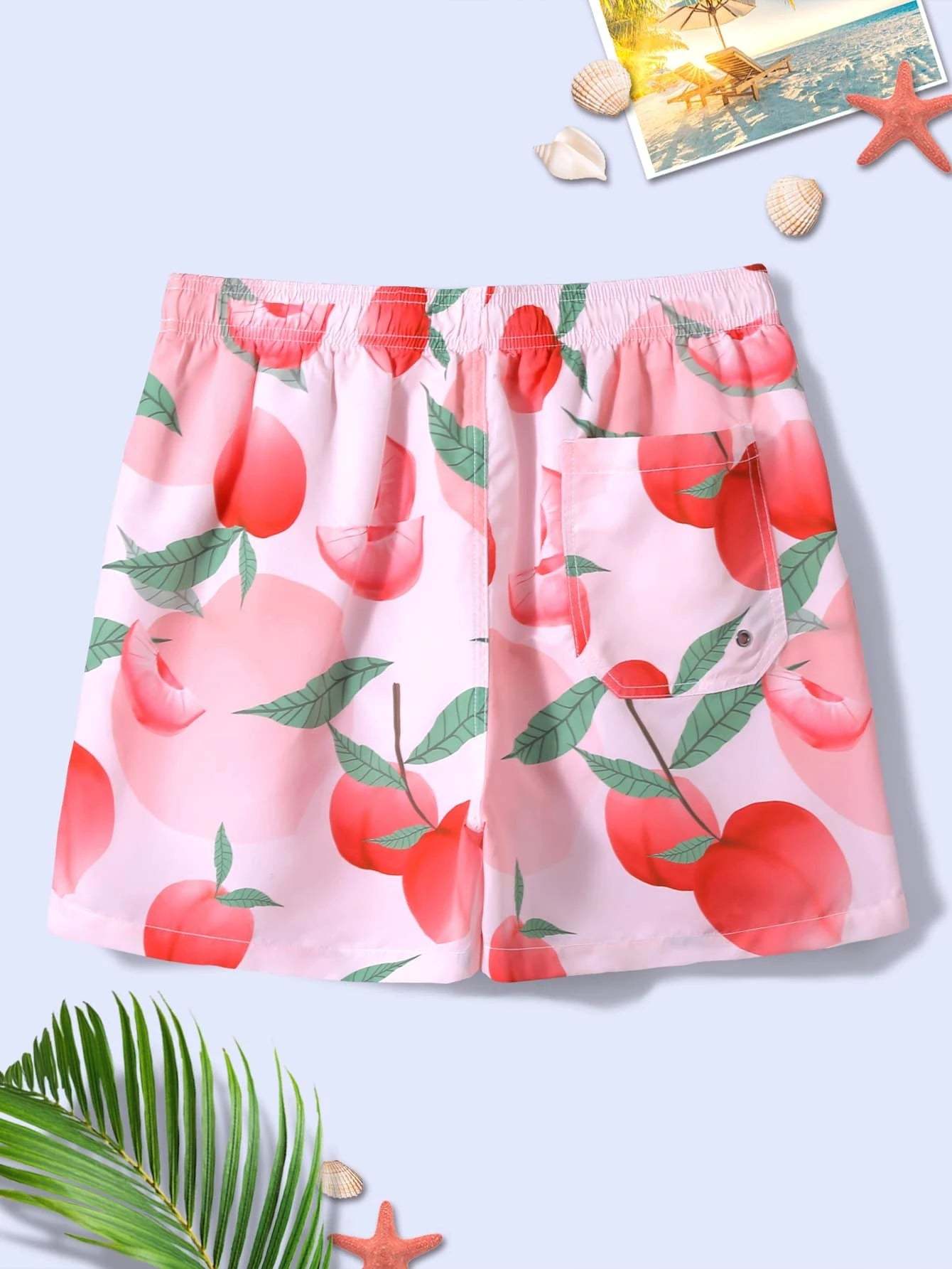 Peach Print Drawstring Waist Swim Trunks-Waves And Trunks