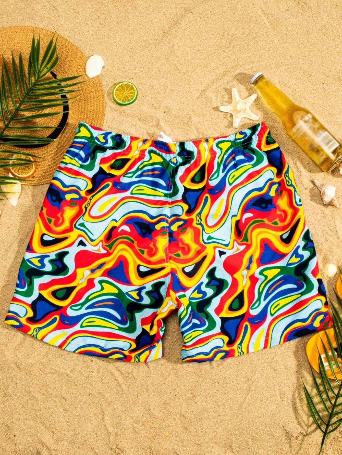 All Over Print Drawstring Pocket Swim Trunks-Waves And Trunks