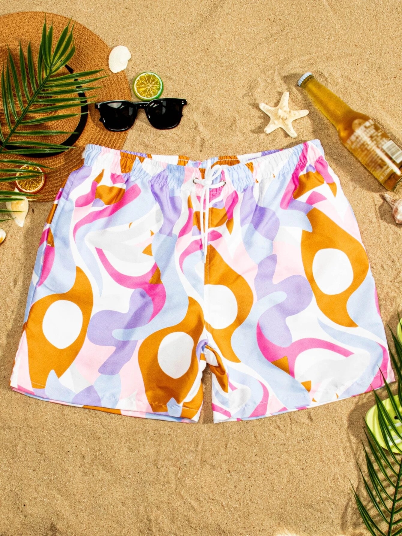 Allover Print Swim Trunks With Pocket-Waves And Trunks