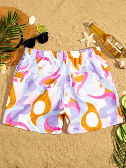 Allover Print Swim Trunks With Pocket-Waves And Trunks