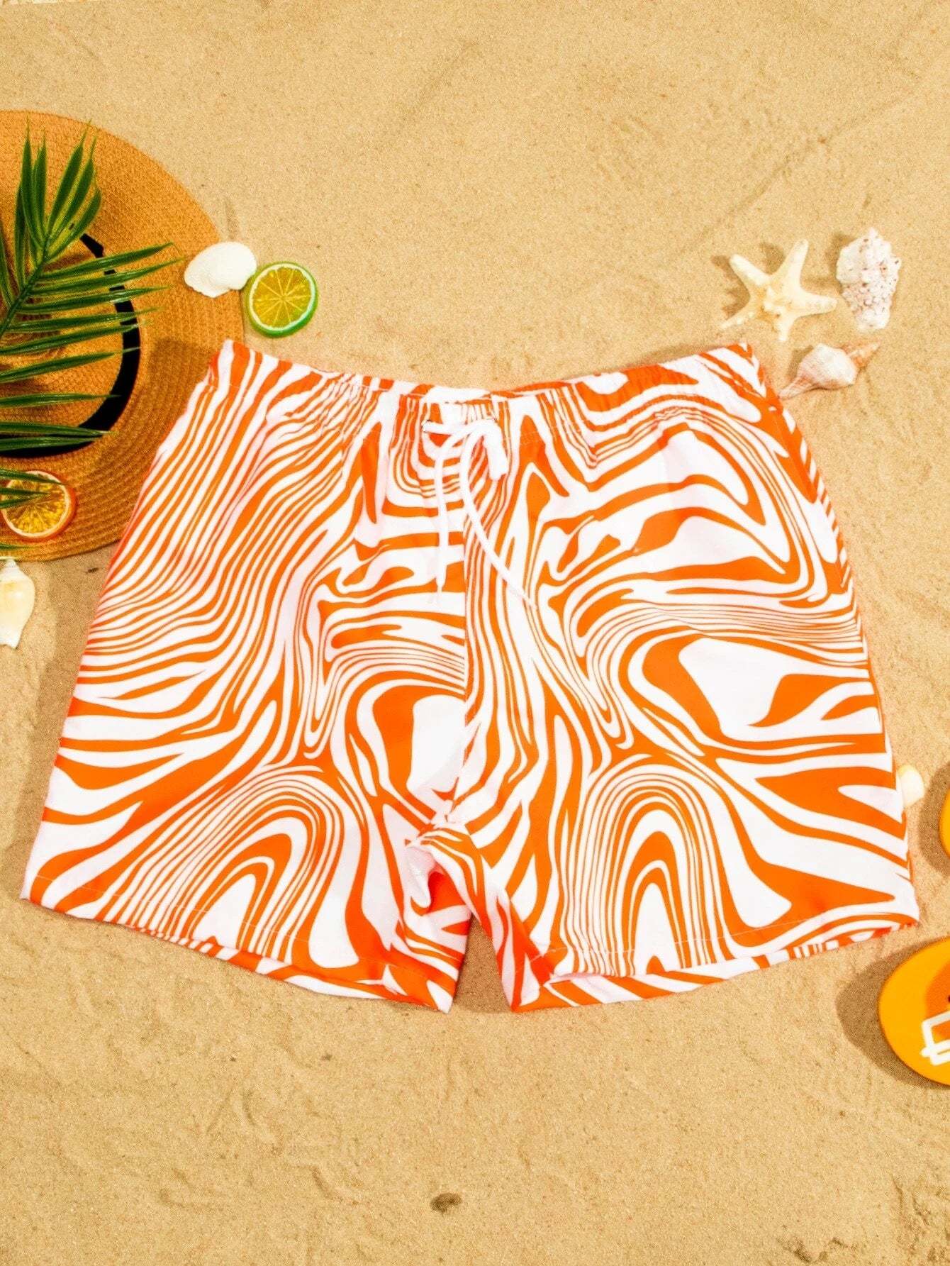 Full Print Drawstring Swim Trunks-Waves And Trunks