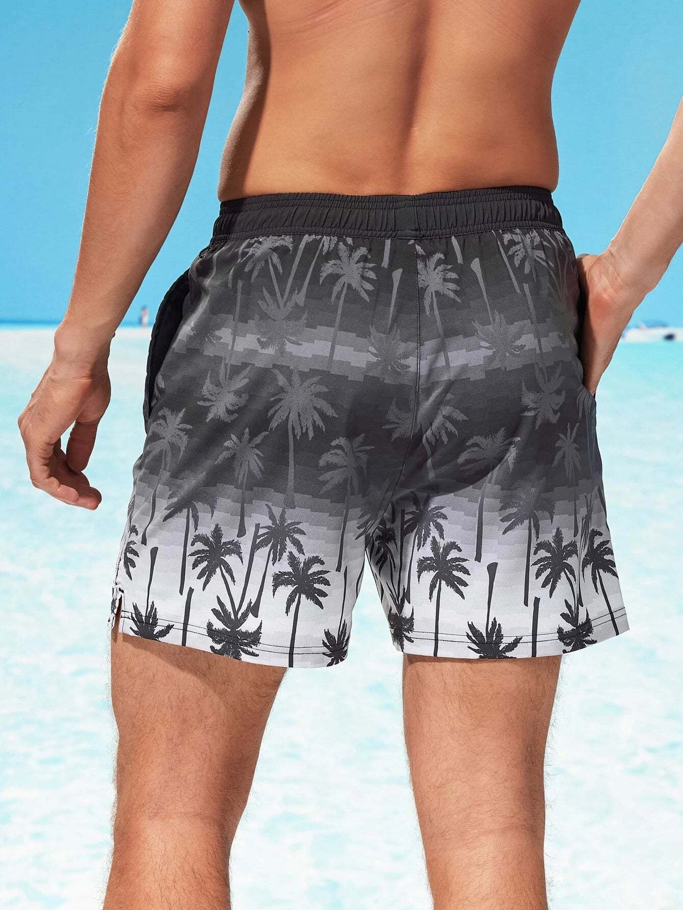 Tropical Print 2 In 1 Drawstring Waist Pocket Swim Trunks-Waves And Trunks