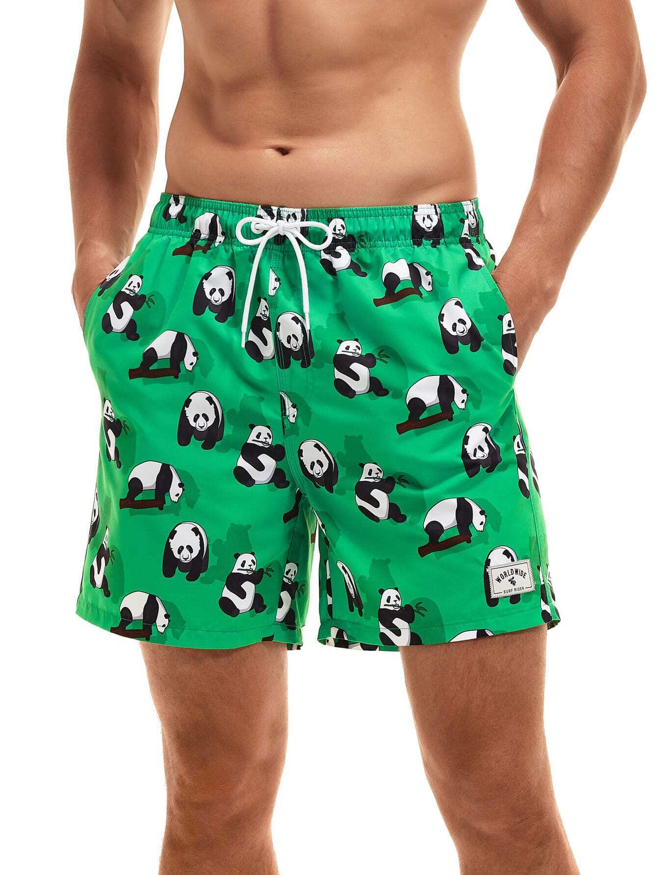 Cartoon Panda Print Swim Shorts-Waves And Trunks
