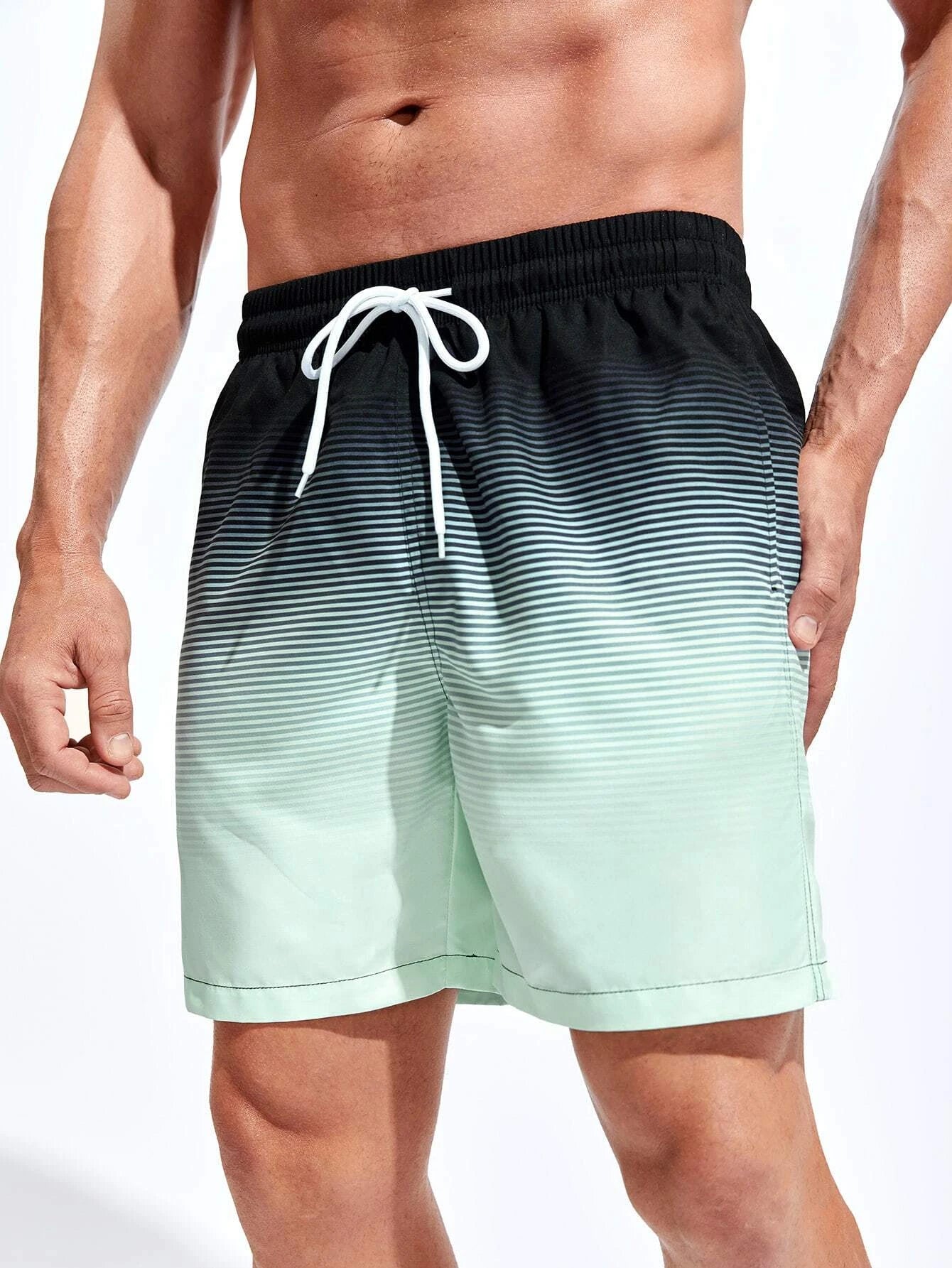 Striped Print Flap Pocket Swim Shorts-Waves And Trunks