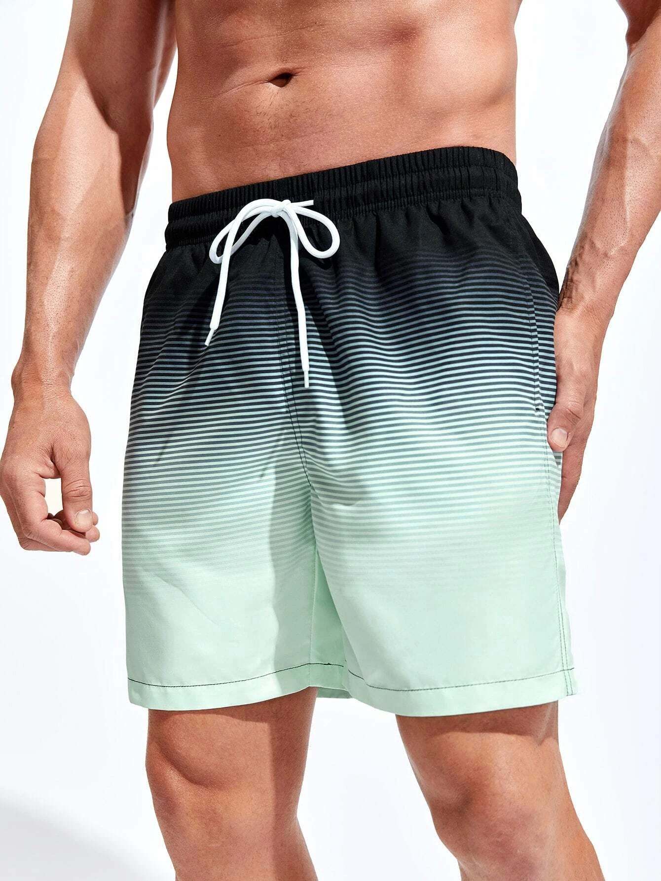 Striped Print Flap Pocket Swim Shorts-Waves And Trunks