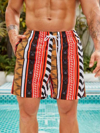 Striped Geometric Drawstring Swim Shorts-Waves And Trunks