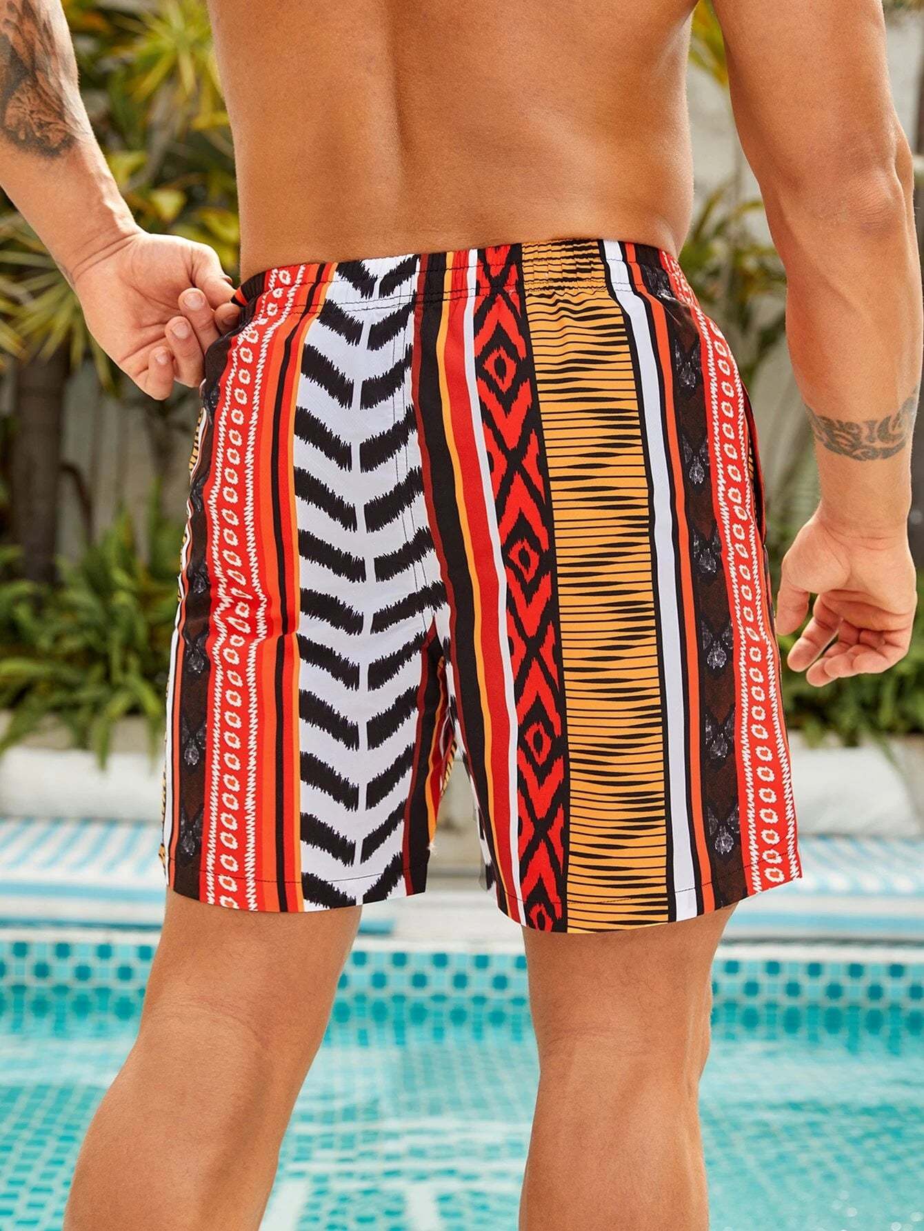 Striped Geometric Drawstring Swim Shorts-Waves And Trunks