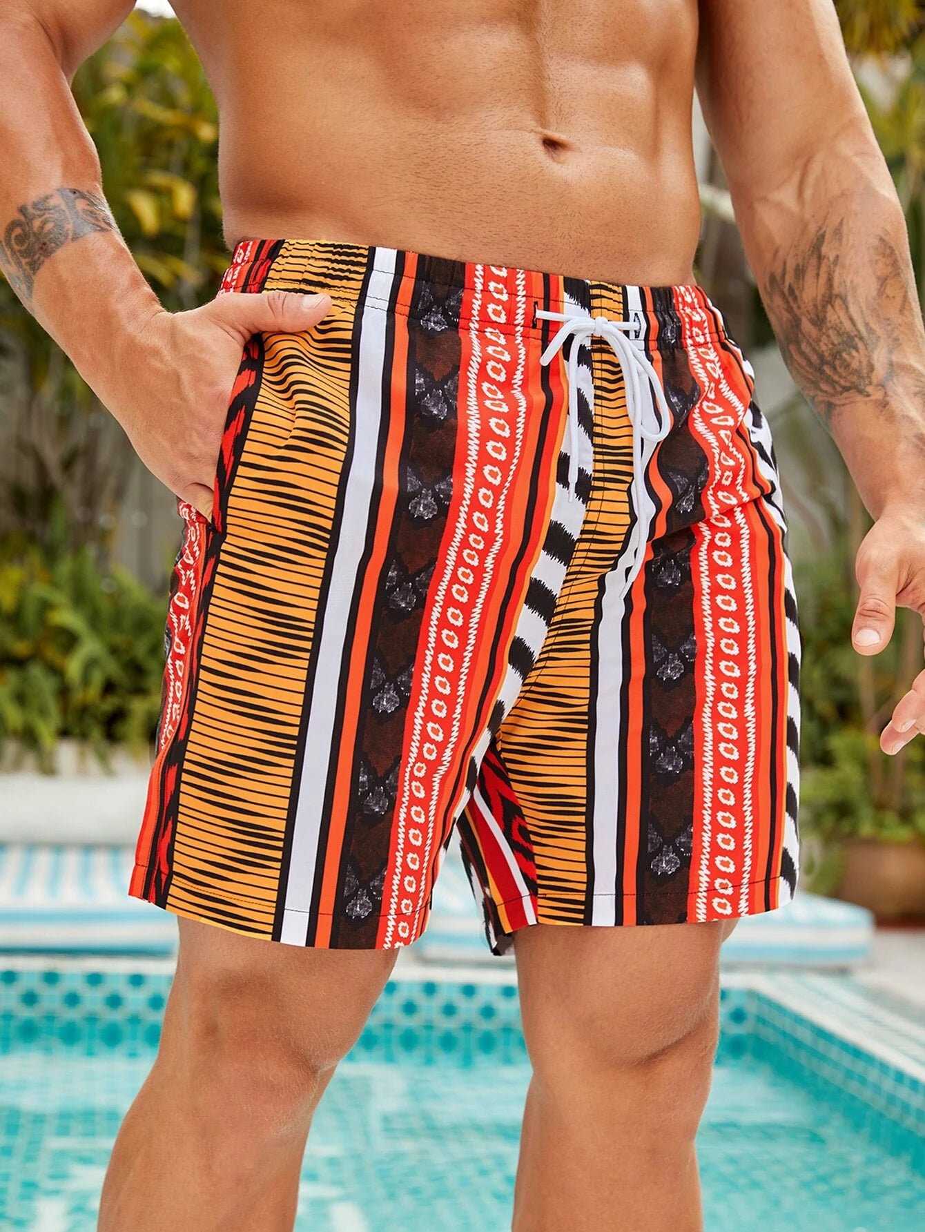 Striped Geometric Drawstring Swim Shorts-Waves And Trunks