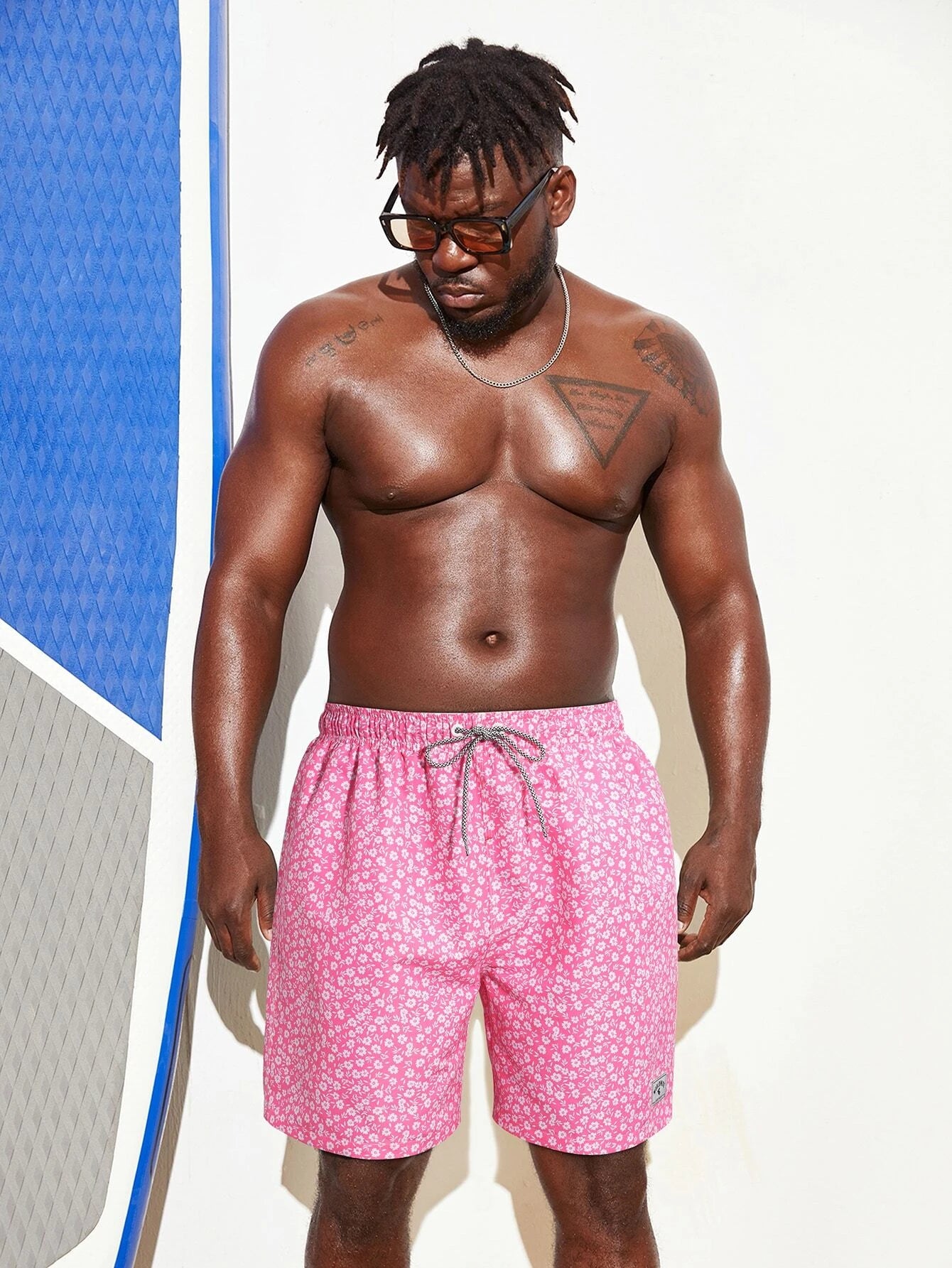 Drawstring Waist Patched Detail Swim Trunks-Waves And Trunks