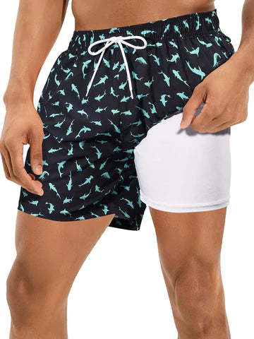 Allover Print Drawstring Waist Slight Stretch Swim Trunks-Waves And Trunks