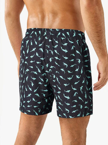 Allover Print Drawstring Waist Slight Stretch Swim Trunks-Waves And Trunks