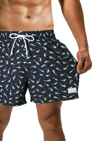 Allover Print Drawstring Waist Slight Stretch Swim Trunks-Waves And Trunks