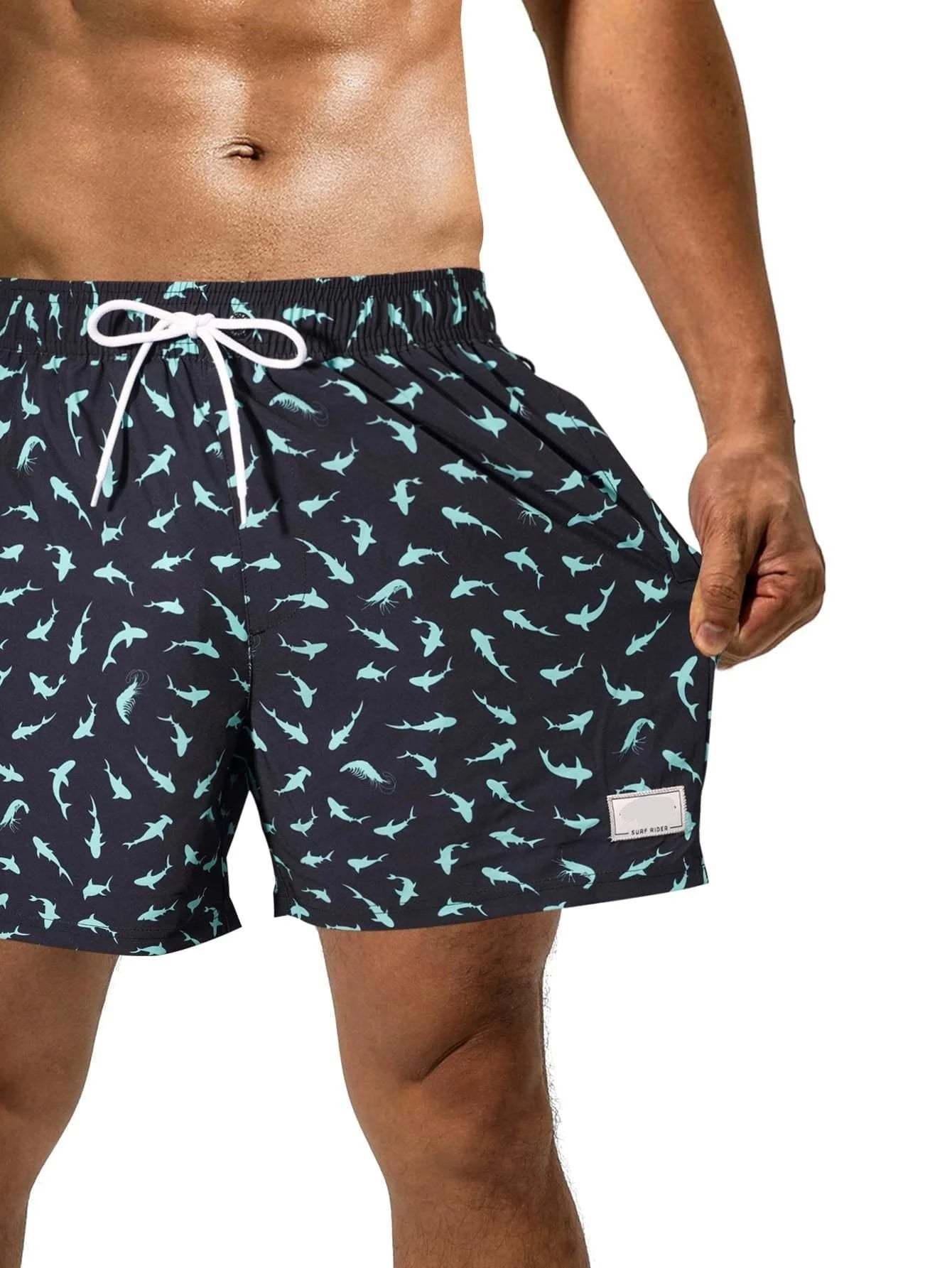 Allover Print Swim Trunks And Compression Liner-Waves And Trunks