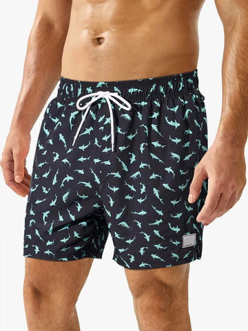 Allover Print Drawstring Waist Slight Stretch Swim Trunks-Waves And Trunks